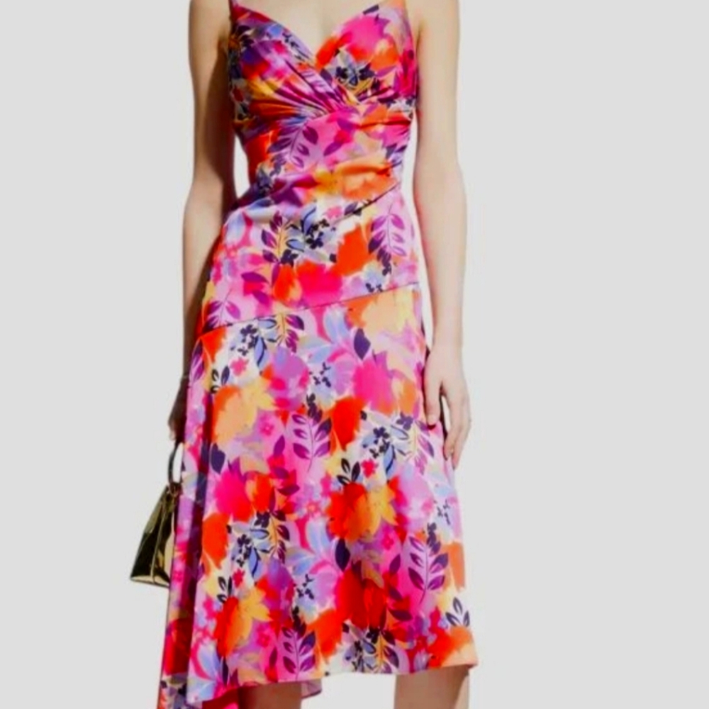 Aidan Mattox Pink and Orange Asymmetrical Ruched Sundress